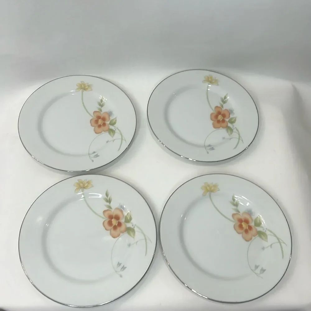 Annabelle Fine China Japan Saucer 6 1/4 In Round Floral Set 4 Silver Rim Vintage